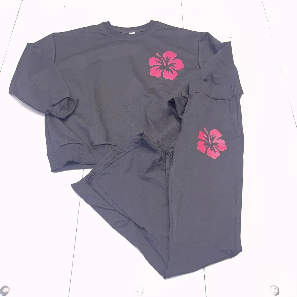 Hibiscus Flower Sweatshirt Pants Set Outfit Youth 10Y Black Pink Loungewear